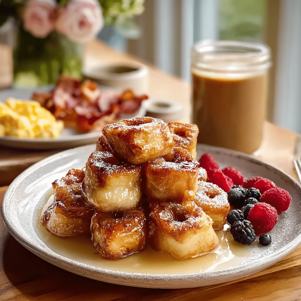 Cinnamon Roll French Toast Bites served with eggs, and fruit