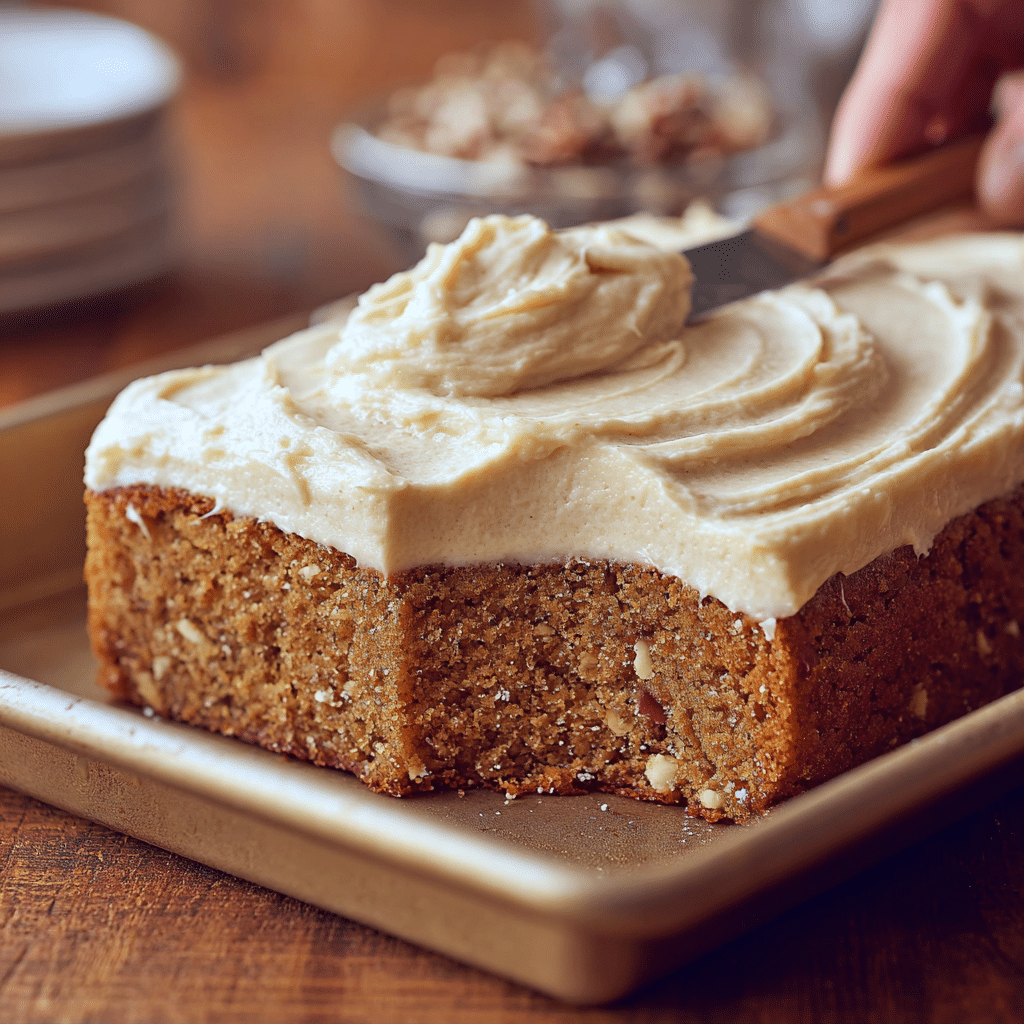 Spreading cinnamon cream cheese frosting on applesauce cake