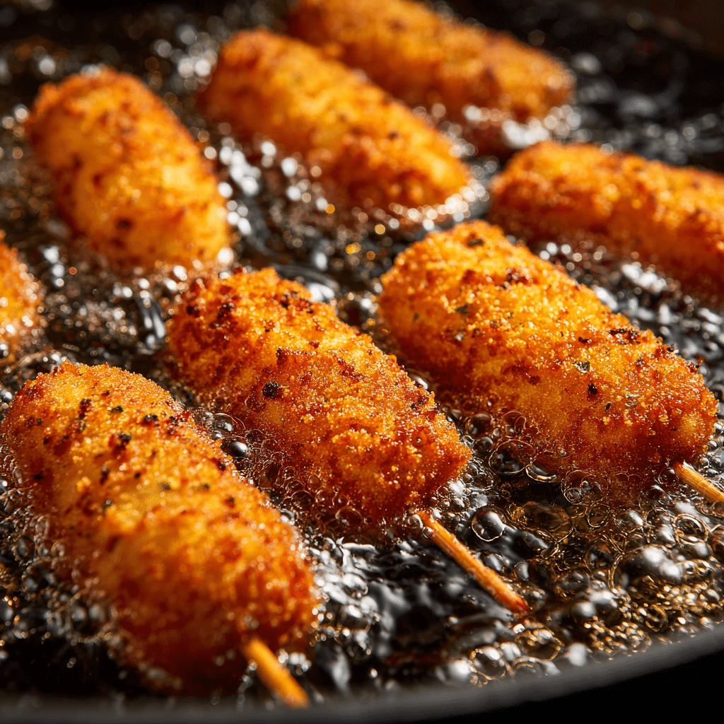 Shrimp and Crab Corn Dogs frying to golden crisp