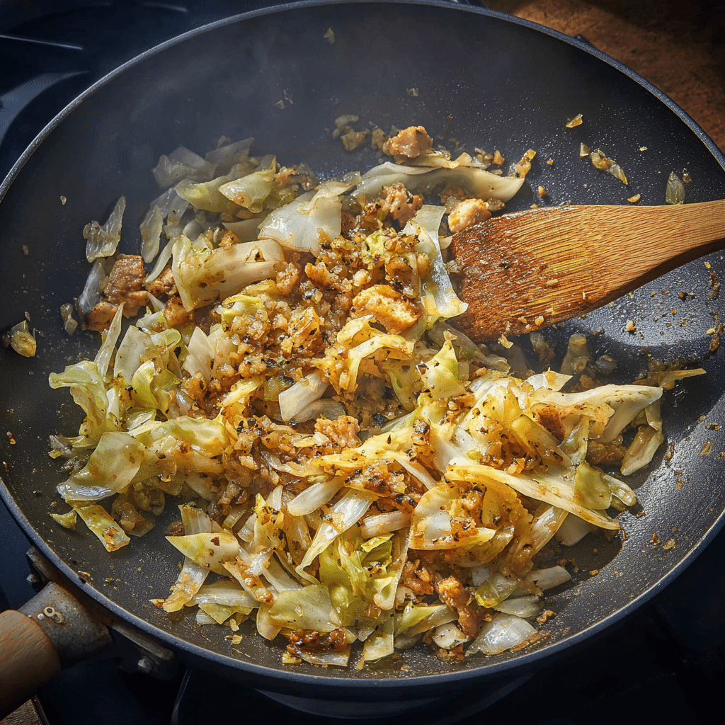 Garlic sautéed with cabbage and chicken in a pan