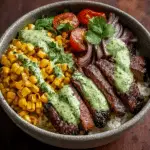 Steak Avocado & Roasted Corn Bowl with Cilantro Cream Sauce