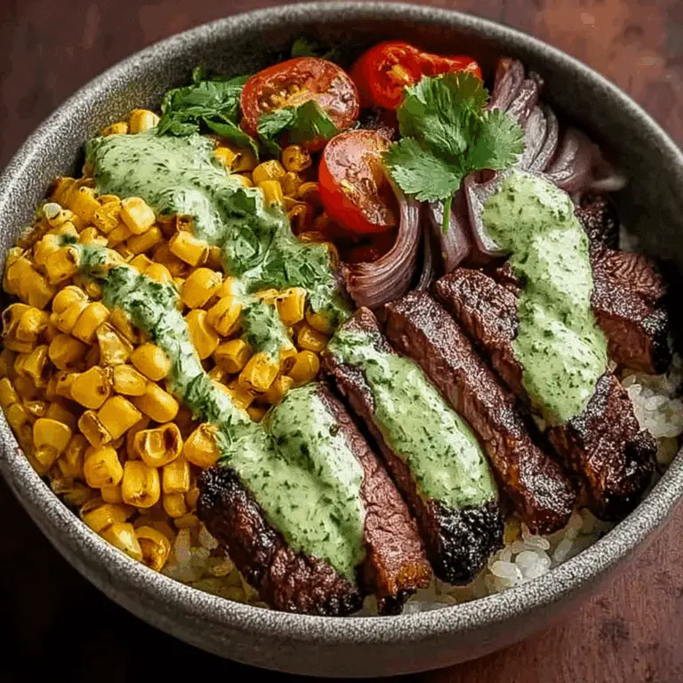 Steak Avocado & Roasted Corn Bowl with Cilantro Cream Sauce