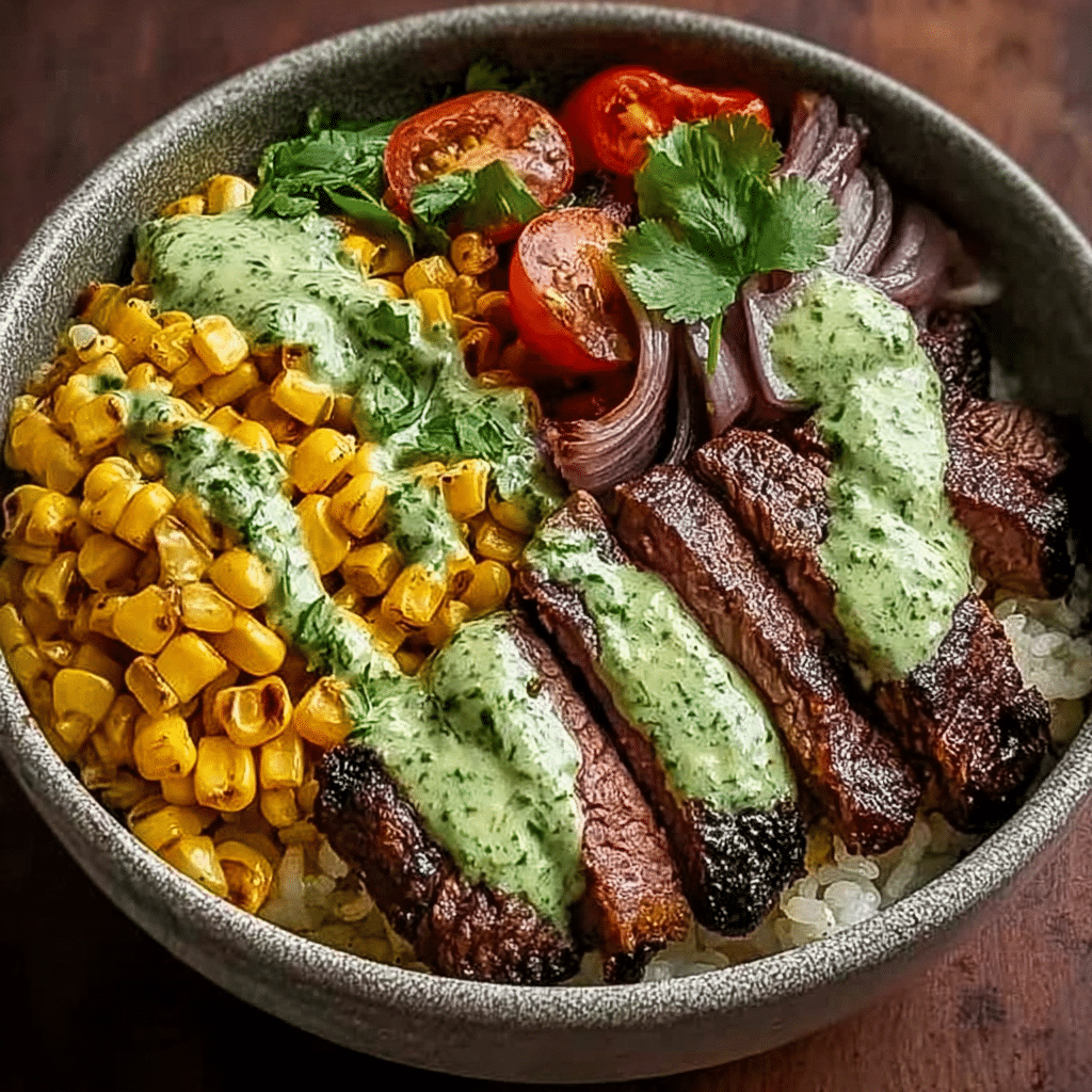 Steak Avocado & Roasted Corn Bowl with Cilantro Cream Sauce