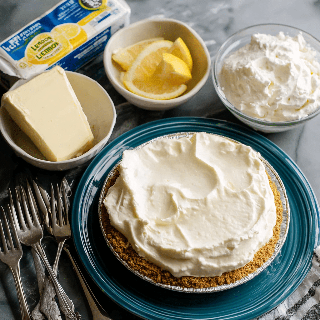 Overhead shot of separated Lemonade Pie ingredients including cream cheese, sweetened condensed milk, lemonade concentrate, whipped topping, and graham cracker crust
