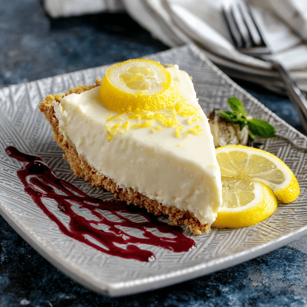 Lemonade Pie slice with lemon zest and berry sauce