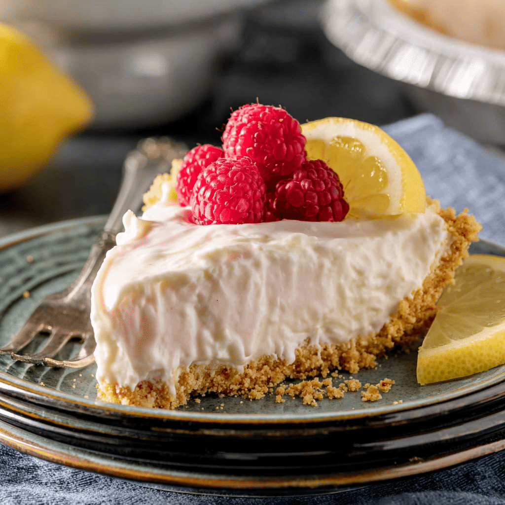 Pink Lemonade Pie with raspberries on graham crust