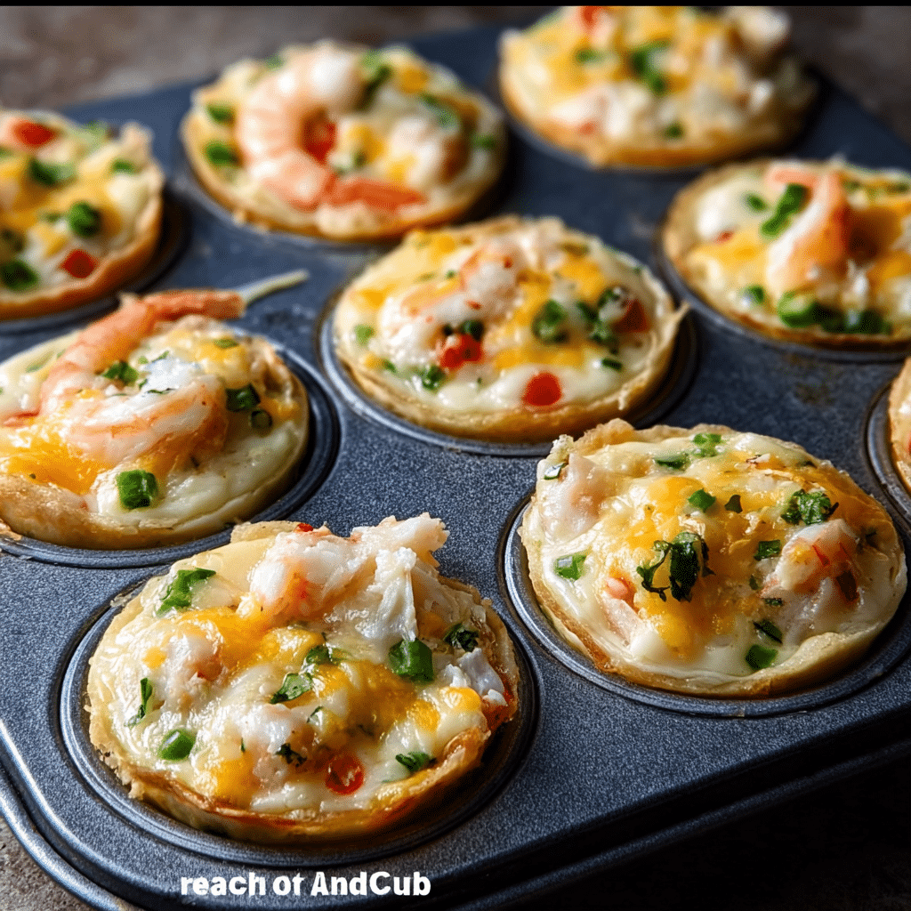 Filling muffin pan with crab and shrimp egg mixture