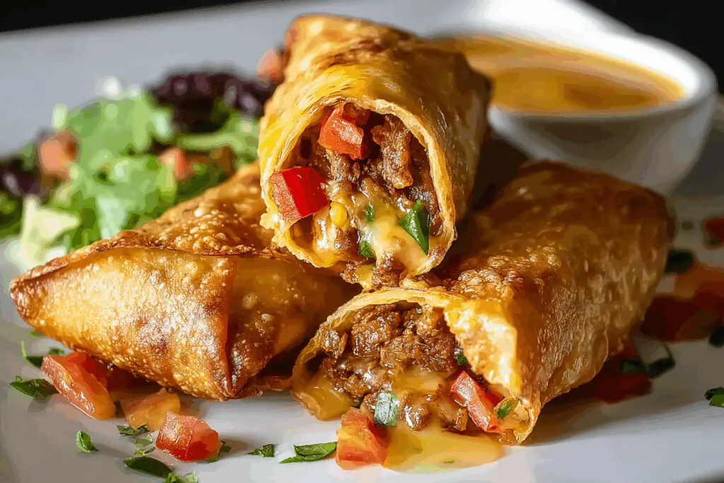 Modern plated Nacho Egg Rolls with vibrant textures and crispy shells