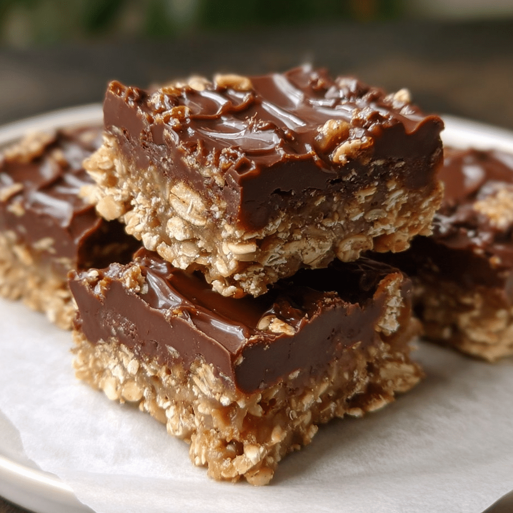 no-bake chocolate oat bars stacked close-up