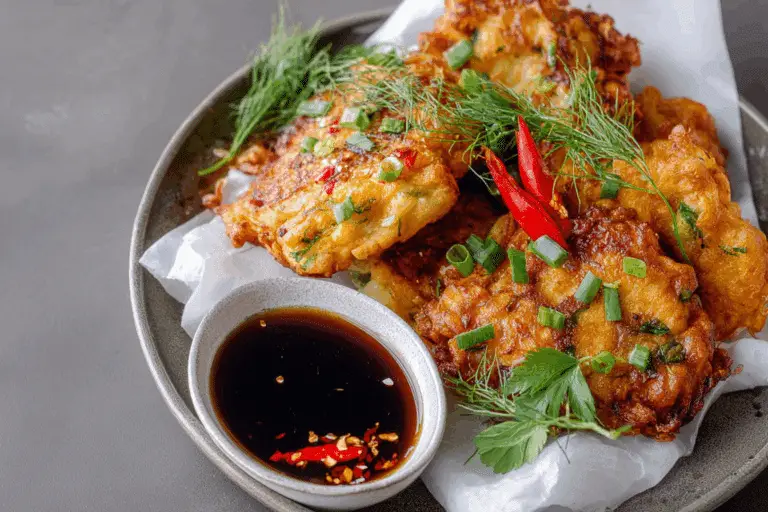 Onion and feta fritters with sweet chilli soy dipping sauce