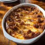 Pancake Sausage Breakfast Bake casserole in white dish
