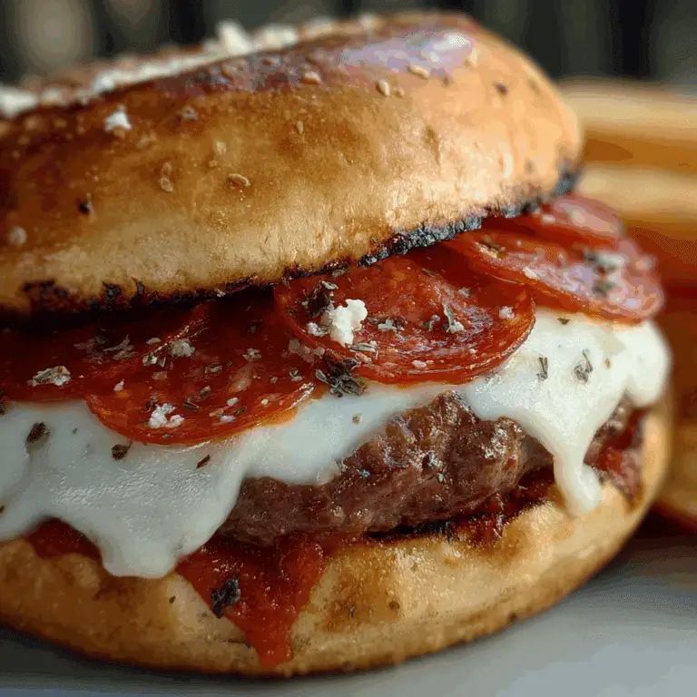 Close-up of Pepperoni Pizza Burger with melted mozzarella and pepperoni