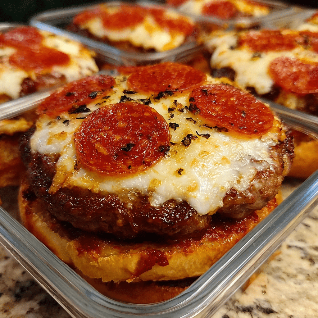 Stored leftover Pepperoni Pizza Burgers in containers