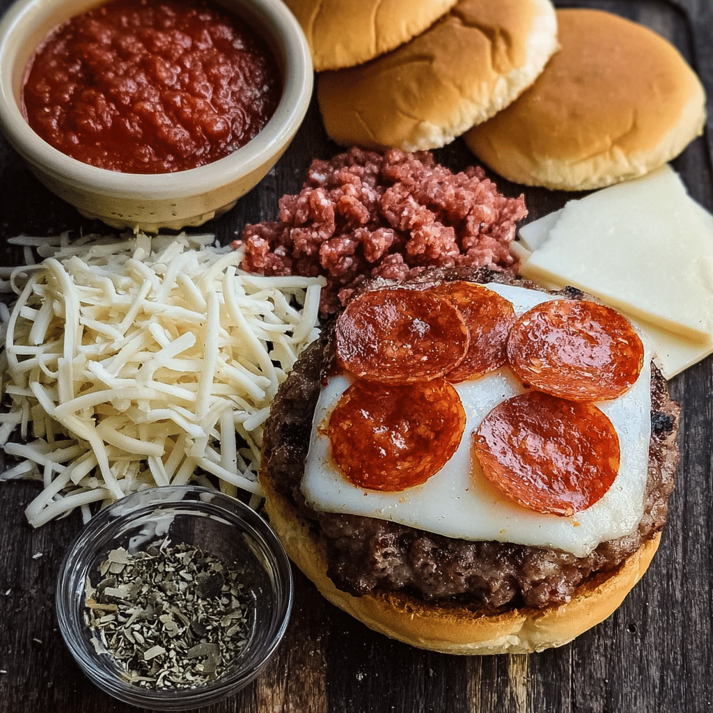 Ingredients for Pepperoni Pizza Burgers including ground beef, mozzarella, pepperoni, pizza sauce, and buns