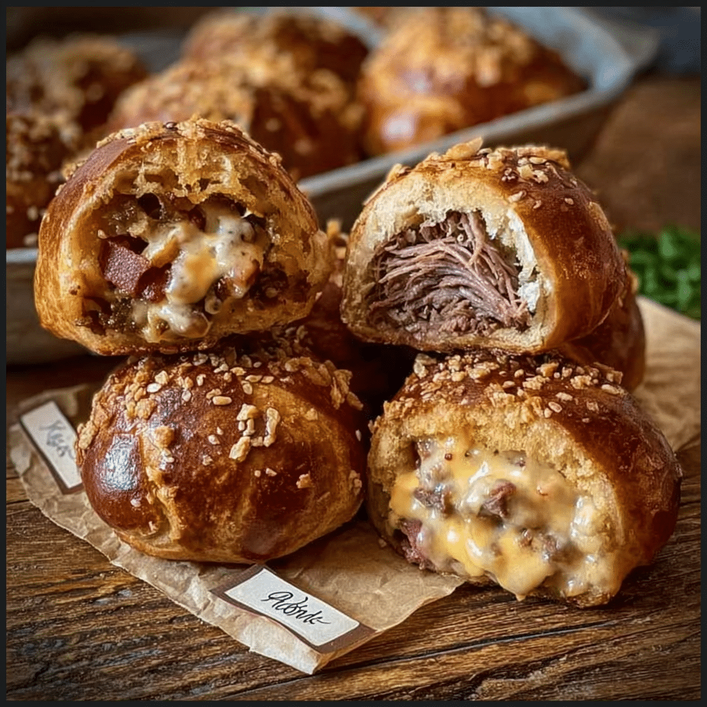 Different flavor variations of smoked brisket and beer cheese pretzel bombs