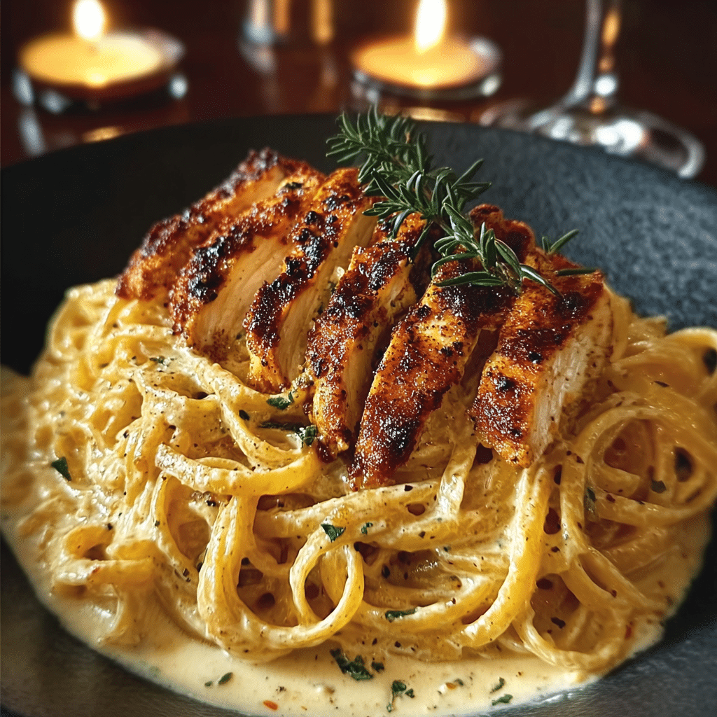 Romantic Cajun chicken pasta dinner setup with wine and candles