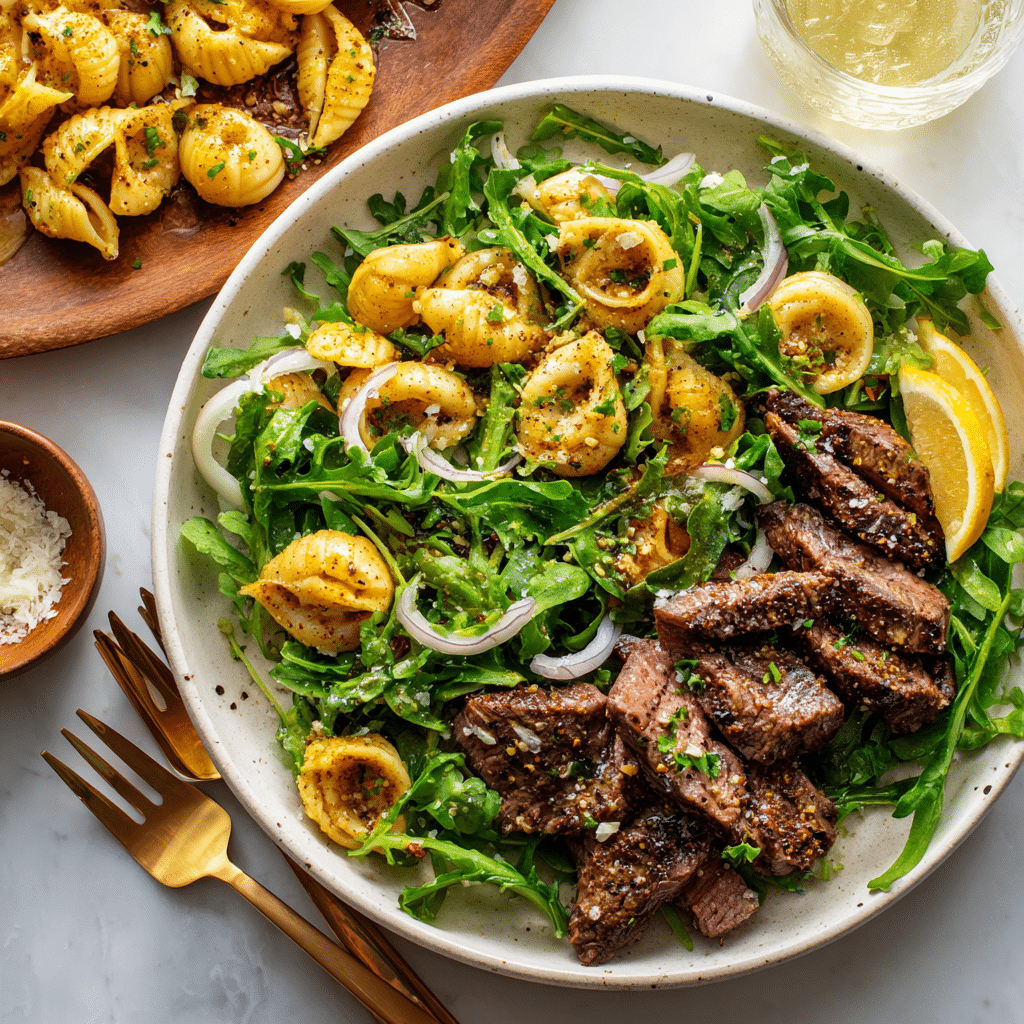 arugula salad served with creamy paprika steak shells