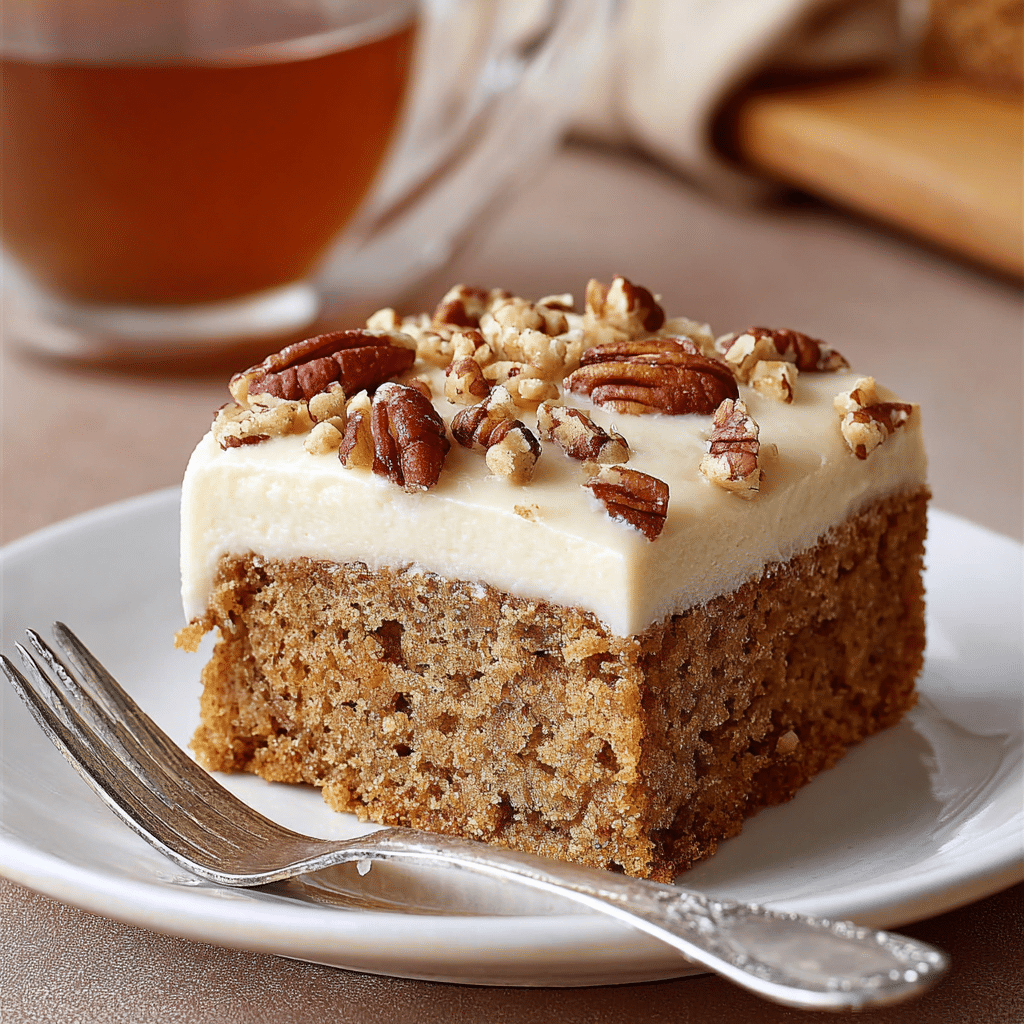 Applesauce cake slice served with tea on a white plate