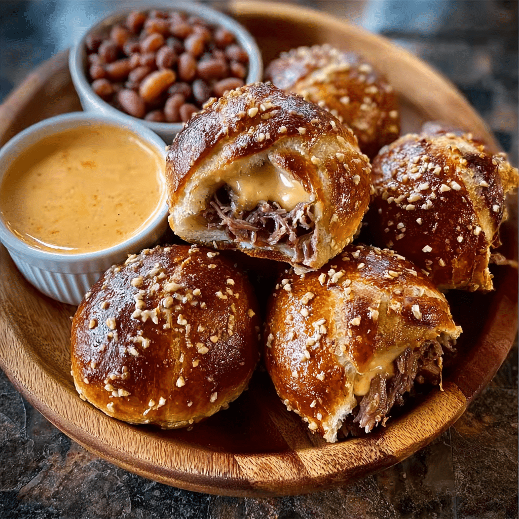 smoked brisket pretzel bombs served with beer cheese dip