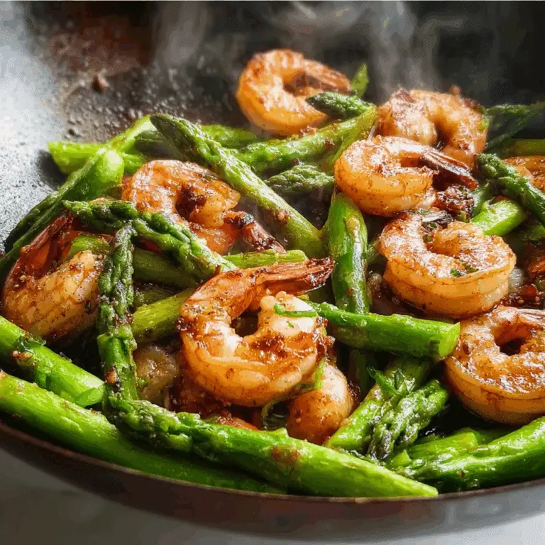 Shrimp and asparagus stir fry in a hot wok