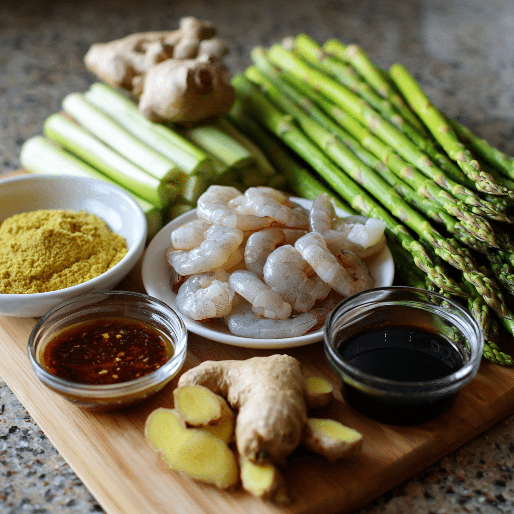 Fresh ingredients for shrimp and asparagus stir fry