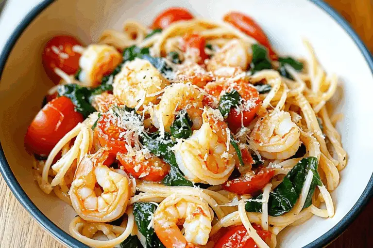 Shrimp Tomato Spinach Pasta in Garlic Butter Sauce