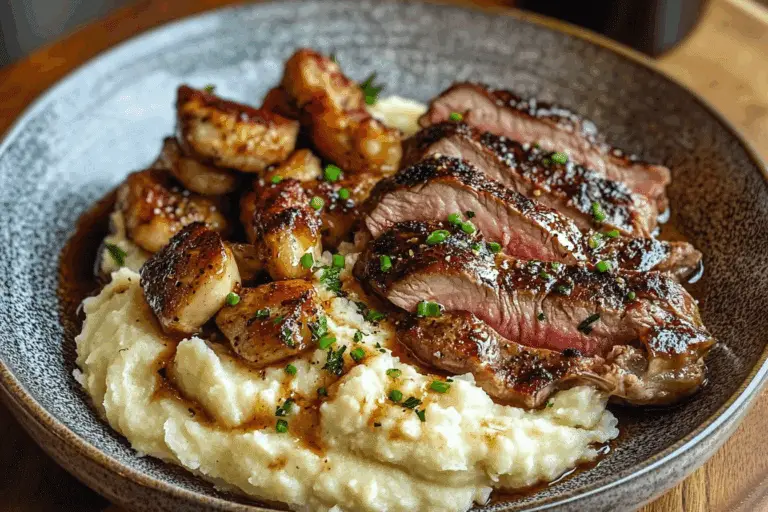 Slow-Cooked Garlic Butter Chicken & Ribeye with Parmesan Mash