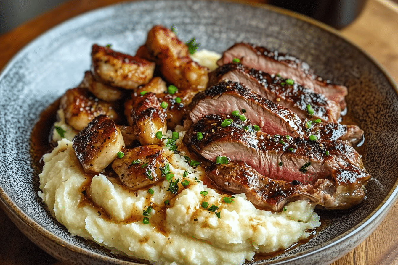 Slow-Cooked Garlic Butter Chicken & Ribeye with Parmesan Mash