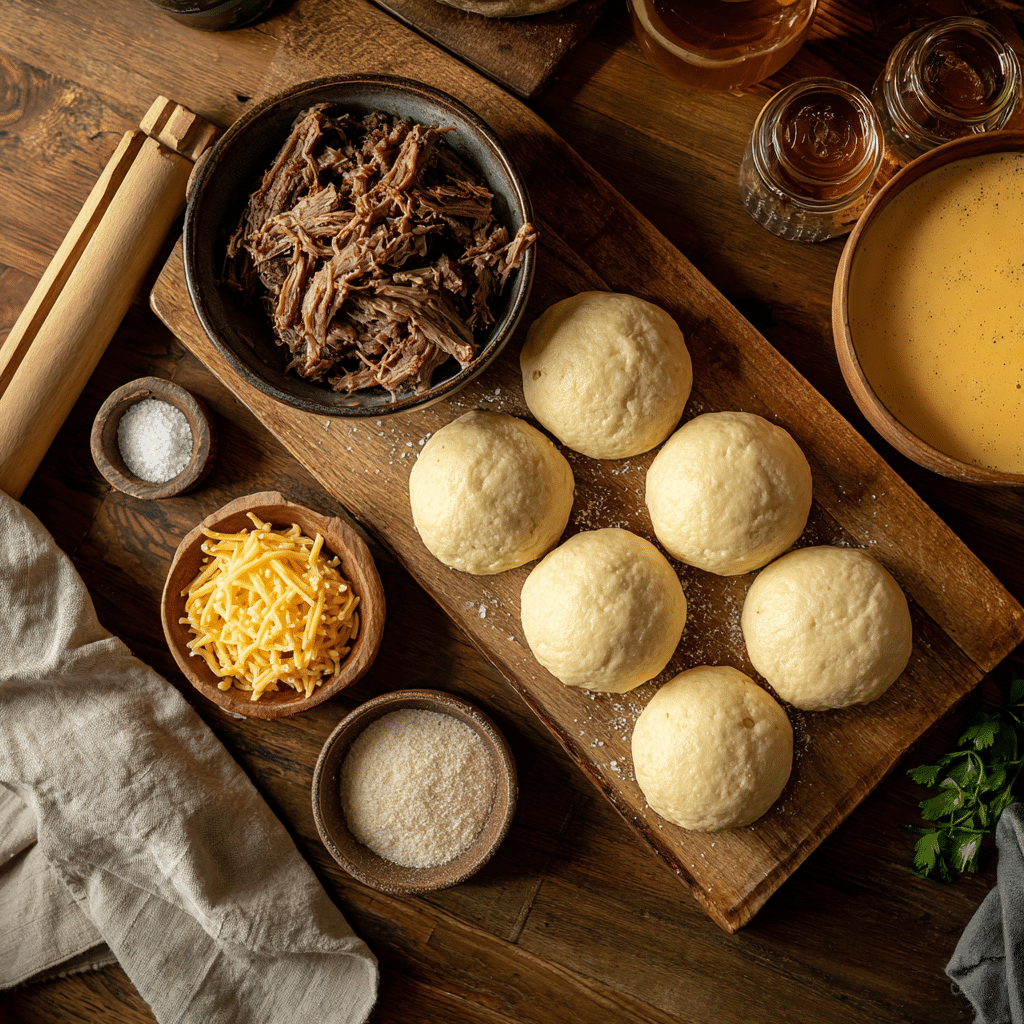 Ingredients laid out for smoked brisket and beer cheese pretzel bombs recipe