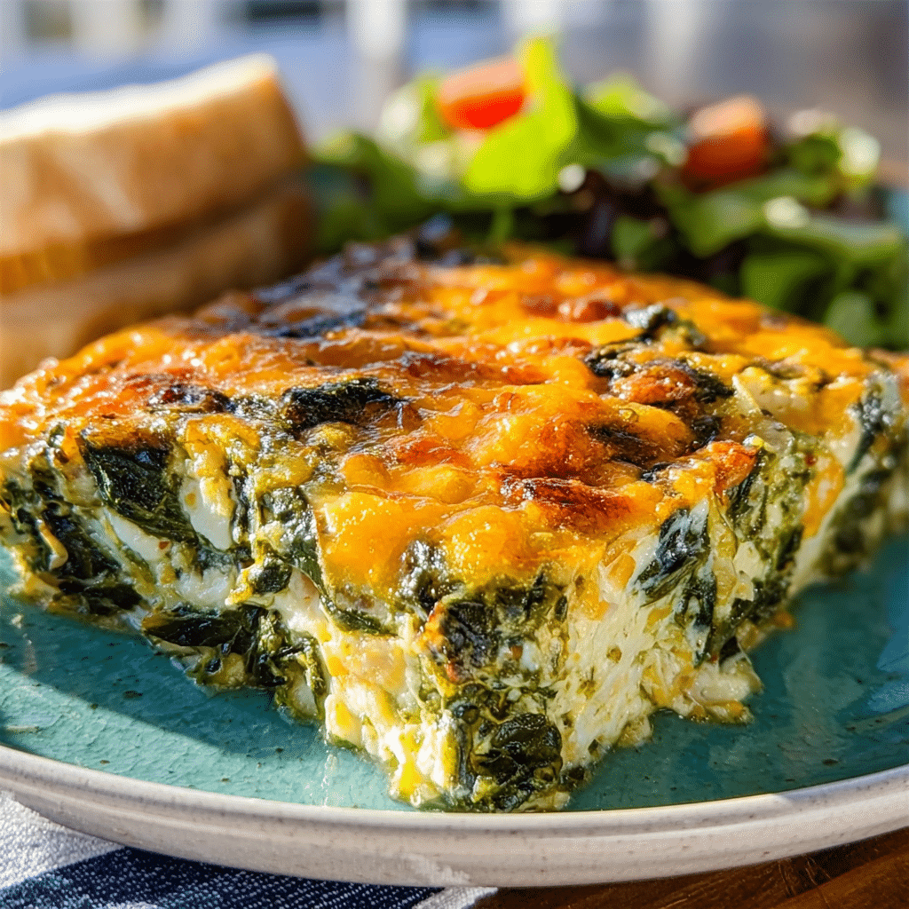 Spinach and cheese casserole served with salad and bread