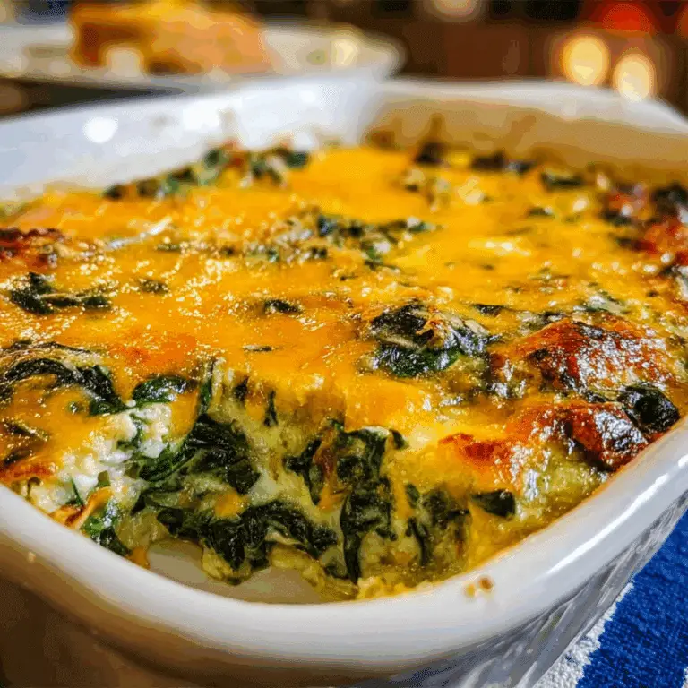 Spinach and cheese casserole in white baking dish