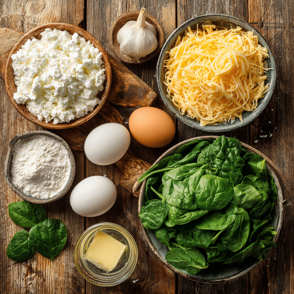 Ingredients for spinach and cheese casserole on wooden kitchen counter