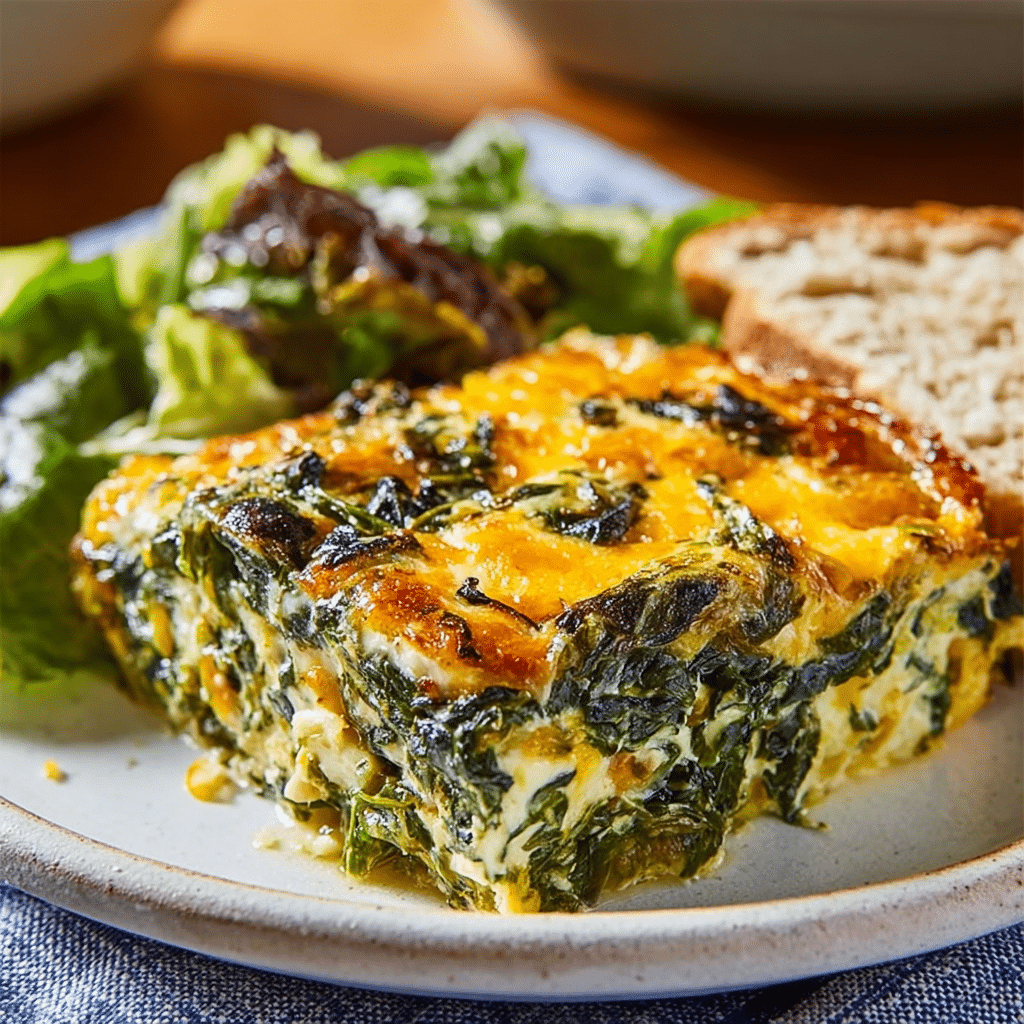 Spinach and cheese casserole with salad