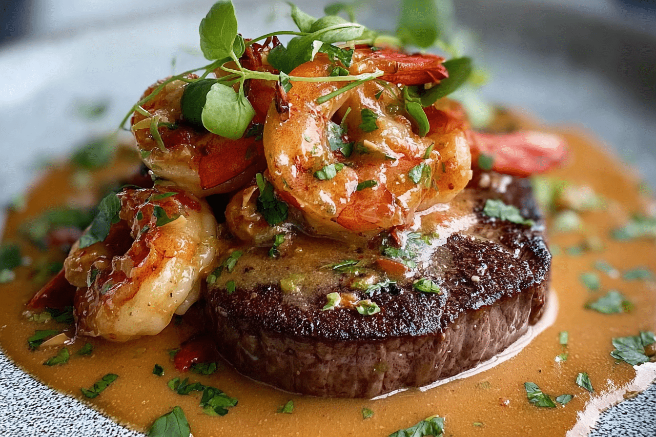 Steak with Creamy Shrimp & Lobster Sauce