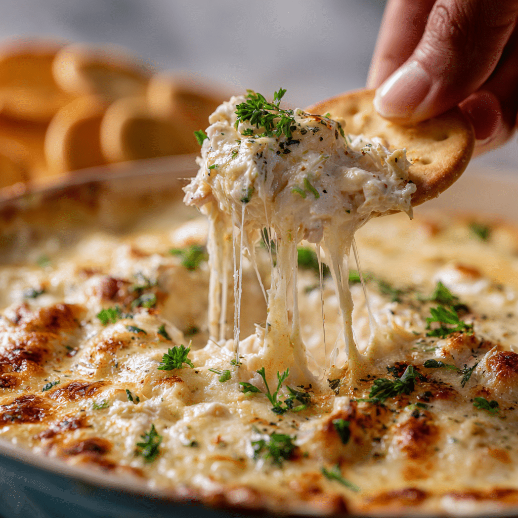  Creamy Joe’s Crab Shack Crab Dip being scooped with a cracker