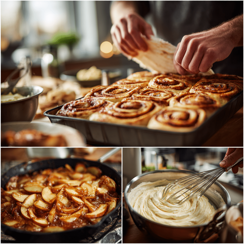Layering Apple Cinnamon Roll Lasagna in baking dish step by step
