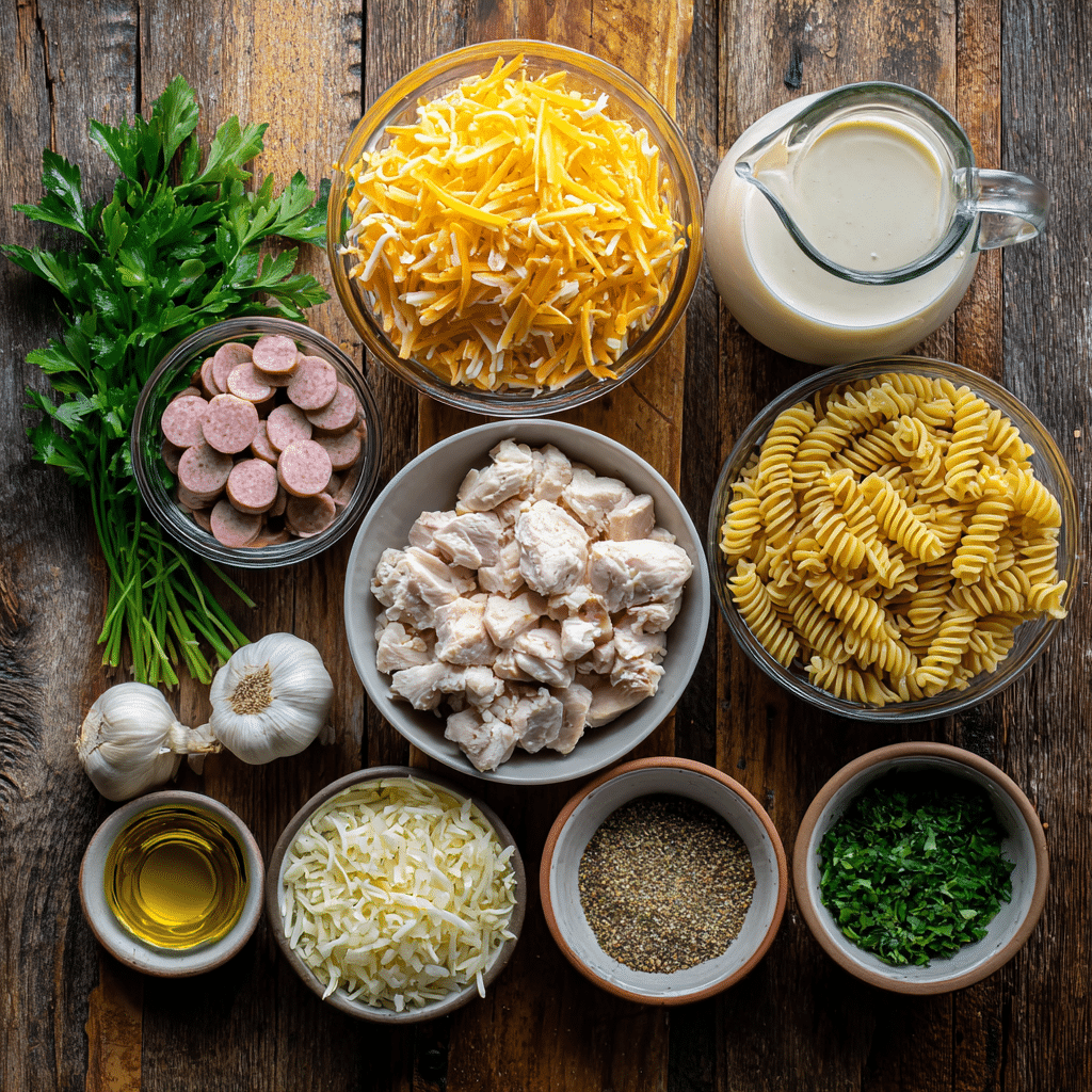 Ingredients for Creamy Pepper Jack Chicken and Sausage Pasta on a kitchen counter