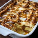 Apple Cinnamon Roll Lasagna close-up with caramel drizzle