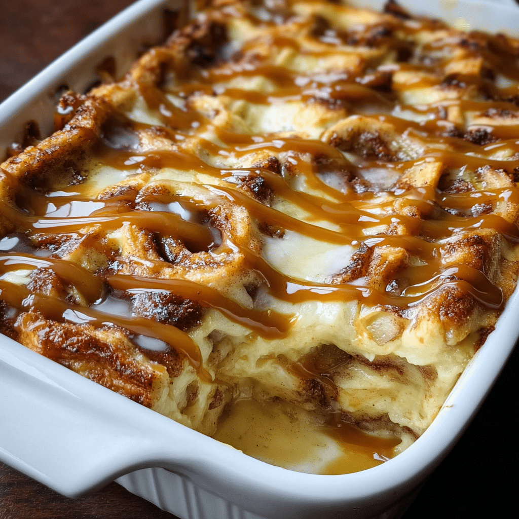 Apple Cinnamon Roll Lasagna close-up with caramel drizzle