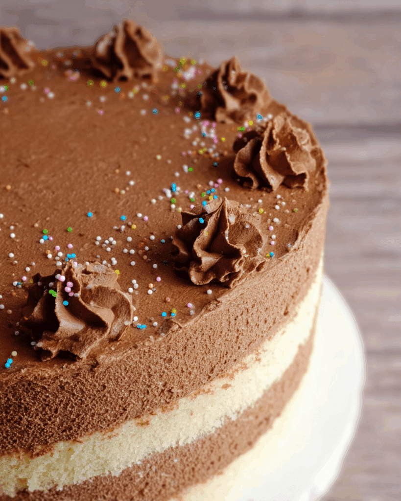 Assembling vanilla cake with chocolate mousse filling