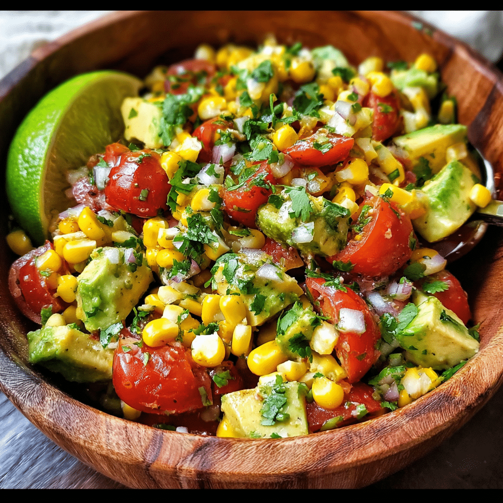 Fresh avocado corn tomato salad in wooden bowl with lime
