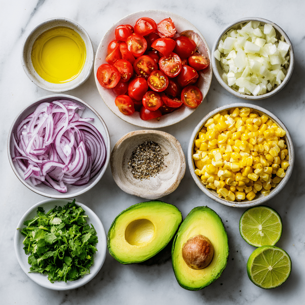 Avocado corn tomato salad ingredients laid out on marble countertop
