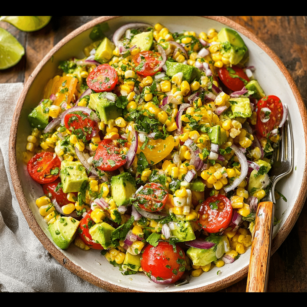 Freshly plated avocado corn tomato salad in white ceramic dish with lime dressing