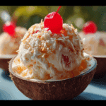 Bahama Mama Ice Cream with coconut and cherries in coconut shell