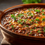 Baked beans with ground beef in rustic baking dish