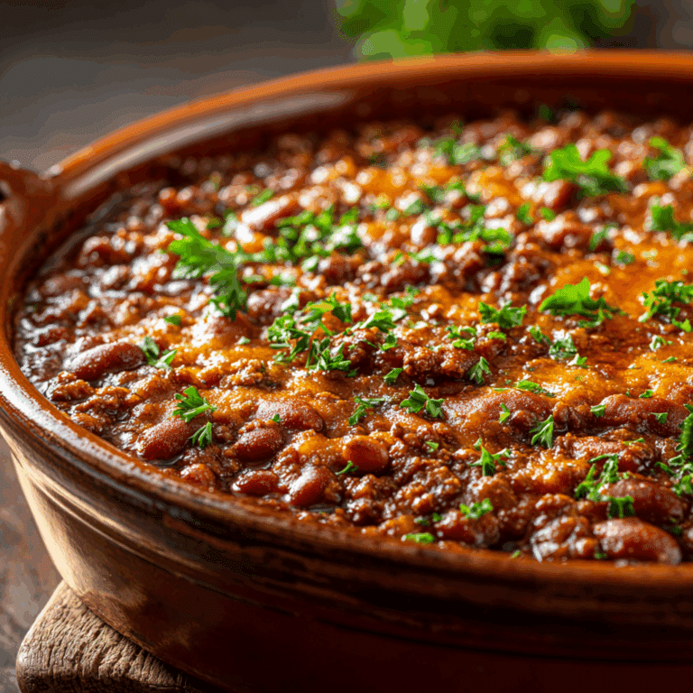 Baked beans with ground beef in rustic baking dish