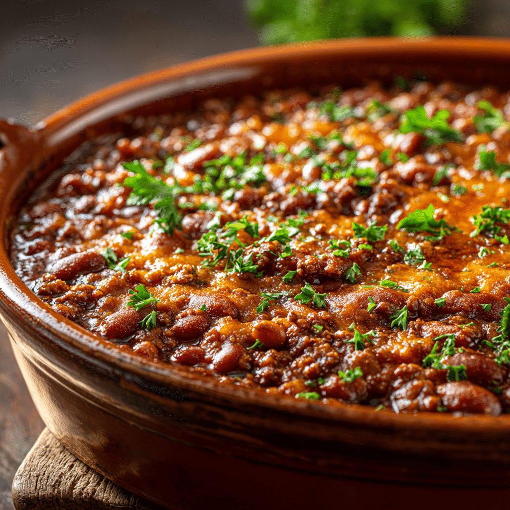 Baked beans with ground beef in rustic baking dish