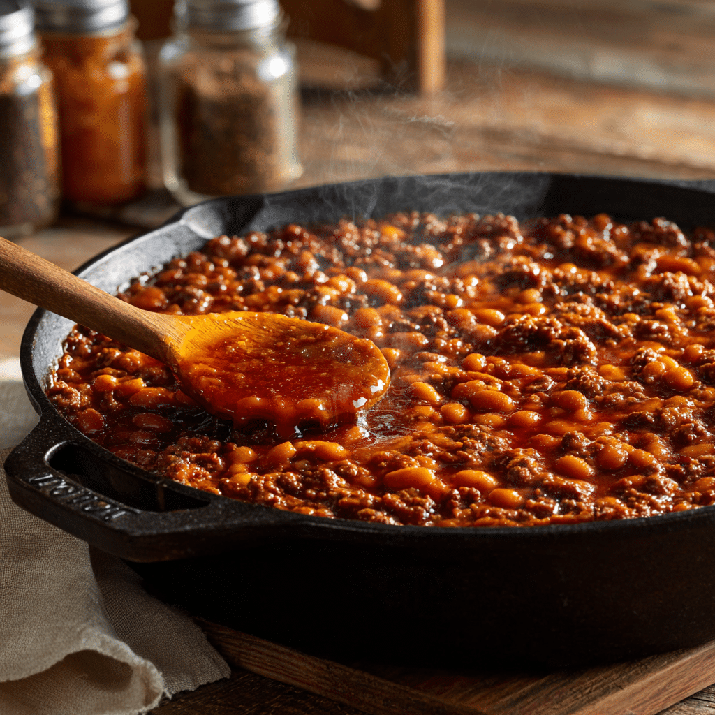 Baked beans with ground beef cooking in cast iron skillet