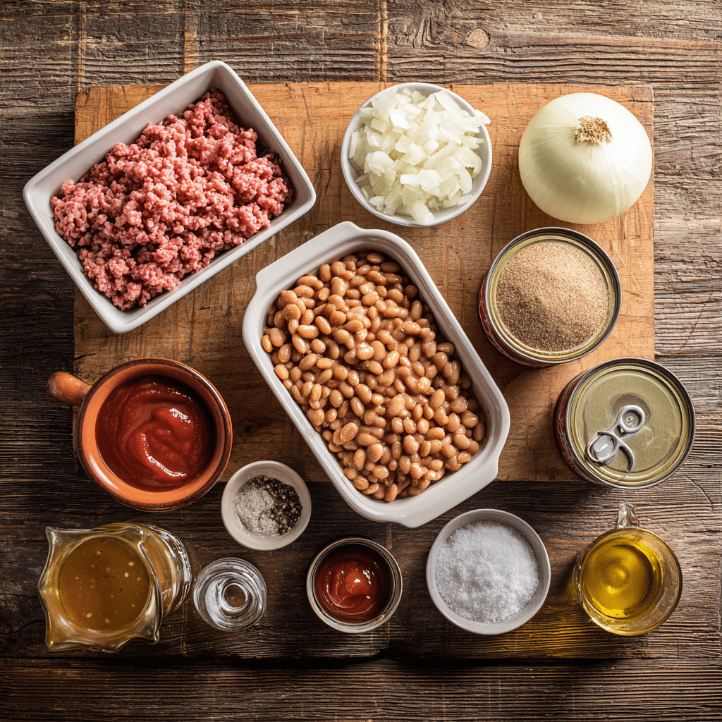 Ingredients for baked beans with ground beef on kitchen counter