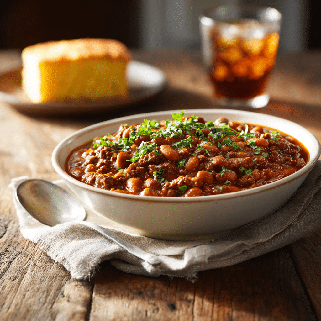 Baked beans with ground beef served in a white bowl with cornbread